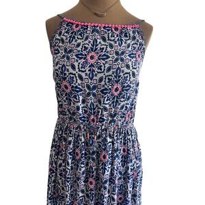 Tiered Maxi Dress Medallion Print sundress Pom-Pom Trim SM boho festival ethnic